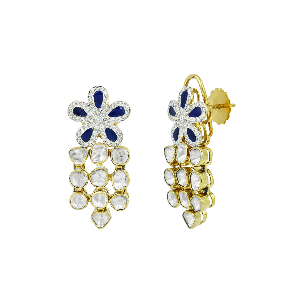 Floral Polki Earrings with Blue Stone and Cascading Polkis